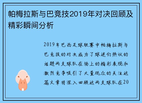 帕梅拉斯与巴竞技2019年对决回顾及精彩瞬间分析